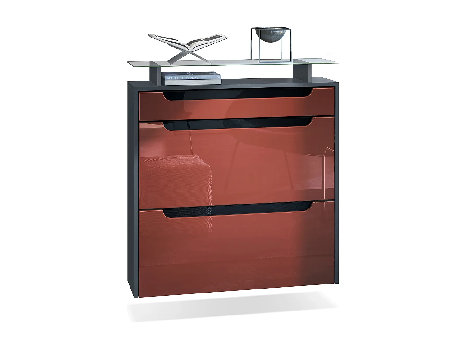 Meuble chaussures Annie pour 16 paires de chaussures avec clapets et tablette en verre, Anthracite mat/Bordeaux brillant, poignées Noir brillant (89x96x23 cm)