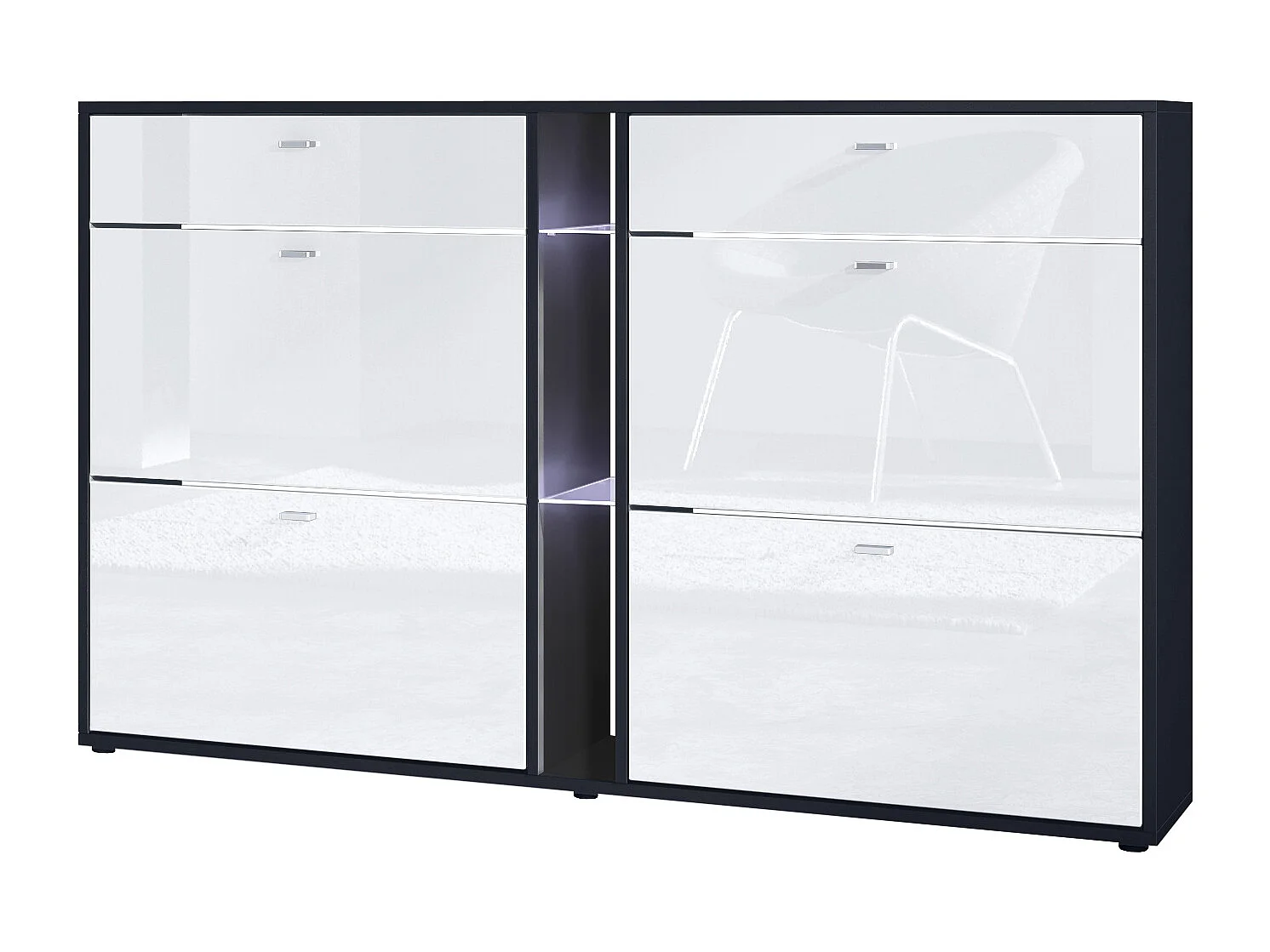 Scarpiera Today con 4 ante e 2 cassetti 155,5 x 95 x 28 cm, con illuminazione LED bianca, struttura in nero opaco, frontali in bianco lucido