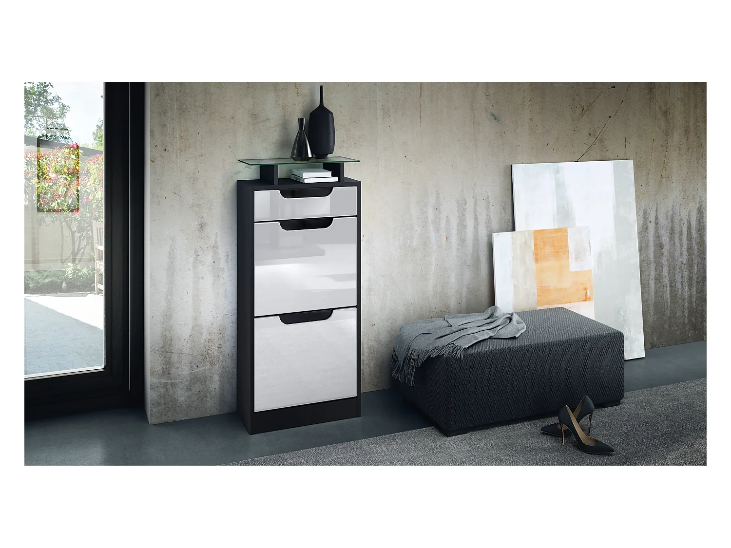 Meuble à chaussures Fiesta V2, Corps en Noir mat / Façades en Blanc haute brillance avec un decor en Noir haute brillance