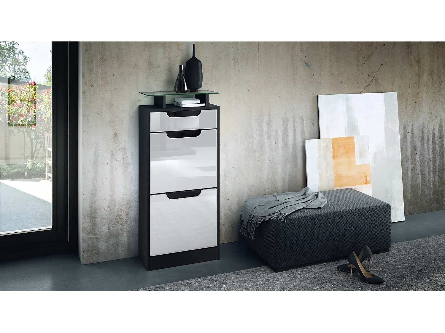 Scarpiera Fiesta V2, Carcassa in nero opaco / Frontale in bianco lucido con angoli in nero lucido