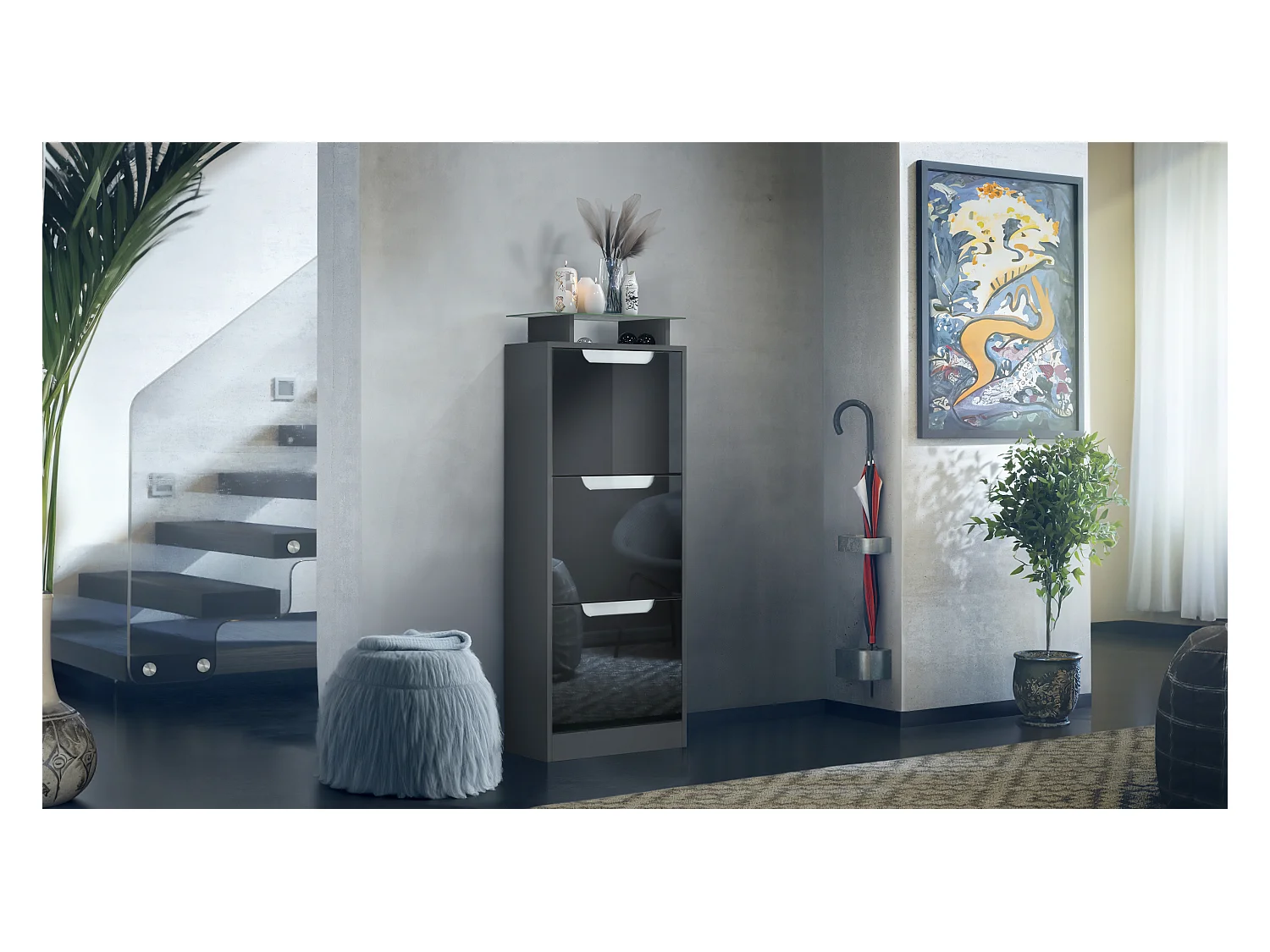 Meuble à chaussures Space V2, Range-chaussures pour 12 paires de chaussures avec 3 abattants et étagère en verre, anthracite mat/noir brillant (46x128x23 cm)