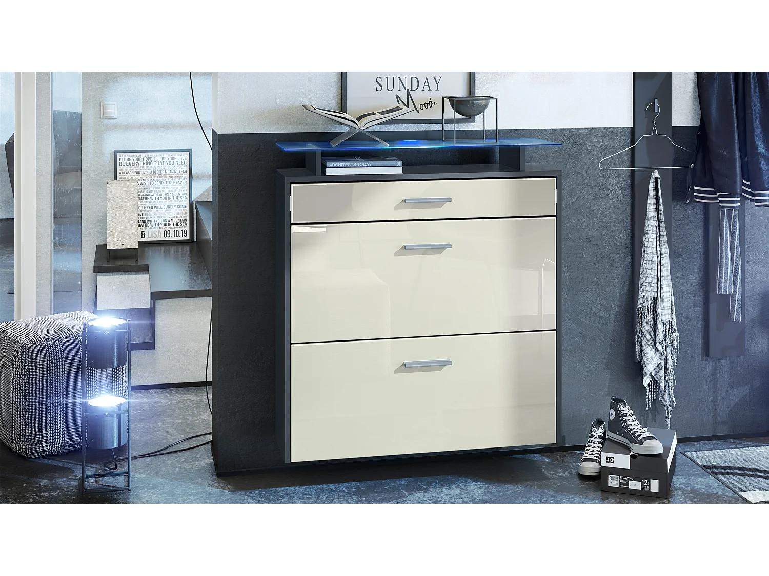 Scarpiera Vladon Malea, antracite opaco /beige lucido incl. LED - carrello appeso per 16 paia di scarpe (89 x 96 x 23 cm)