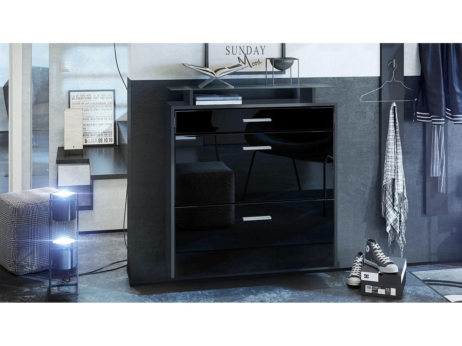 Mueble zapatero Vladon Malea, antracita mate/negro de alto brillo - carro zapatero colgante para 16 pares de zapatos (89 x 96 x 23 cm)