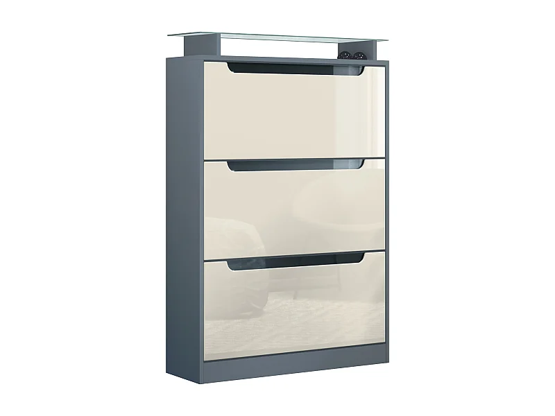 Meuble à chaussures Space, range-chaussures pour 24 paires avec 3 abattants et étagère en verre, anthracite mat/crème haute brillance (89 x 128 x 23 cm)