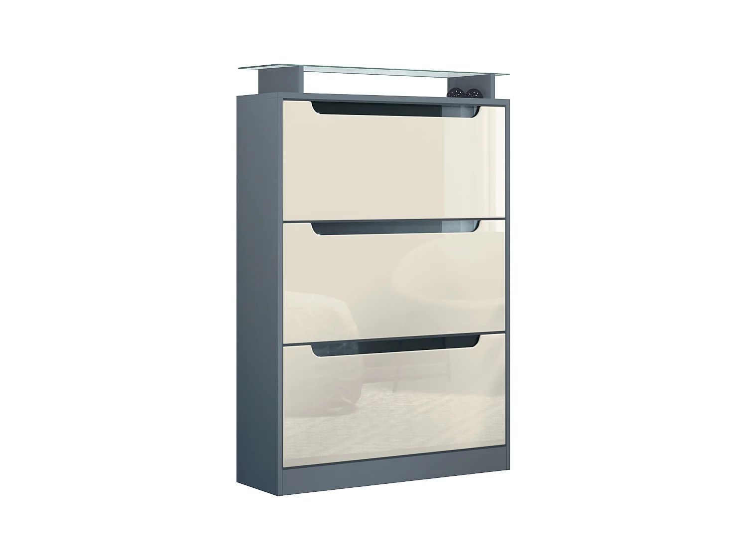 Meuble à chaussures Space, range-chaussures pour 24 paires avec 3 abattants et étagère en verre, anthracite mat/crème haute brillance (89 x 128 x 23 cm)