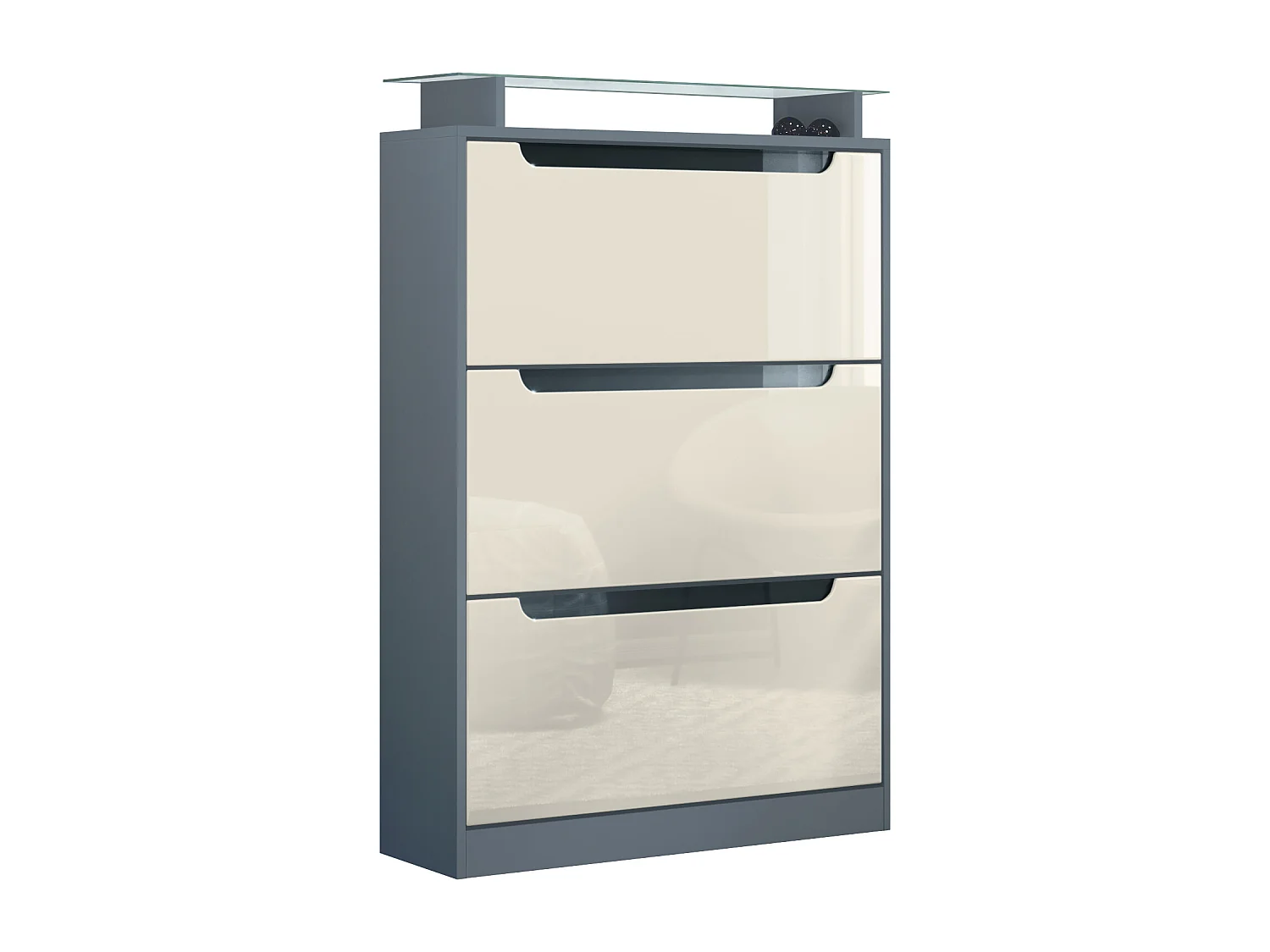 Scarpiera Space, portascarpe per 24 paia con 3 ribalte e ripiano in vetro, antracite opaco/beige lucido (89 x 128 x 23 cm)