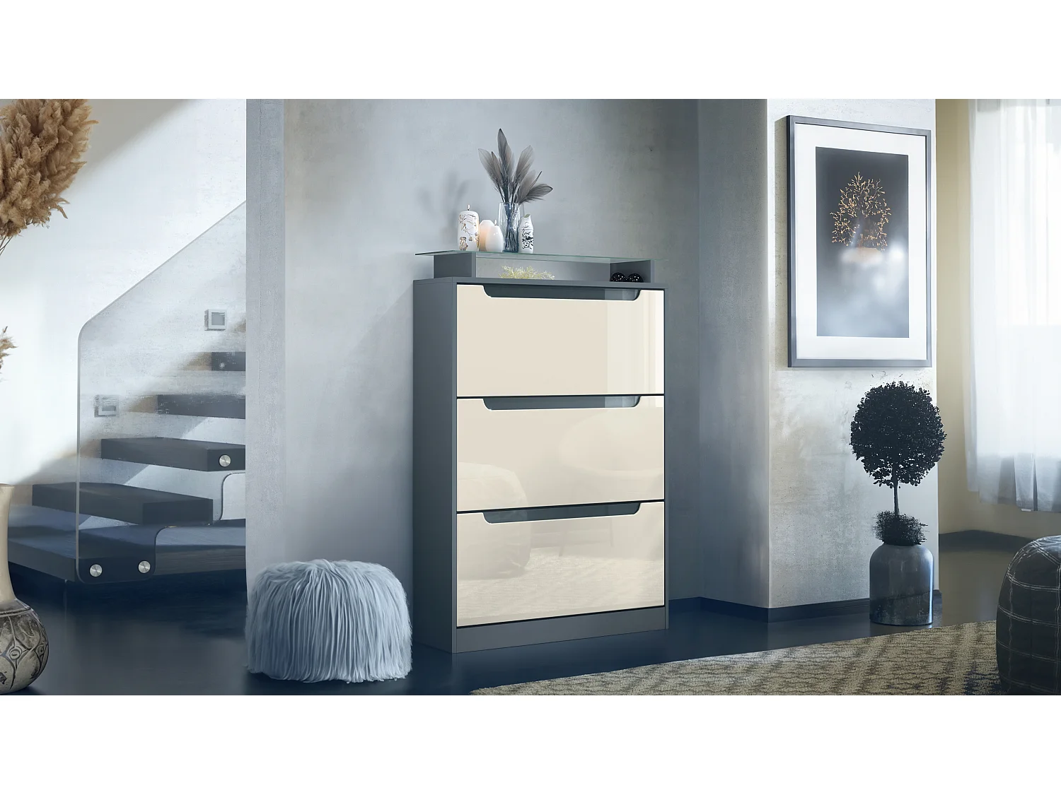 Scarpiera Space, portascarpe per 24 paia con 3 ribalte e ripiano in vetro, antracite opaco/beige lucido (89 x 128 x 23 cm)
