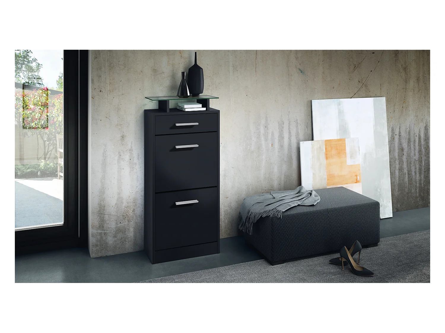 Meuble chaussure Loret V2, Étagère à chaussures pour 8 paires de chaussures avec 2 clapets, 1 tiroir, Noir mat/Noir mat (46 x 104 x 23 cm)