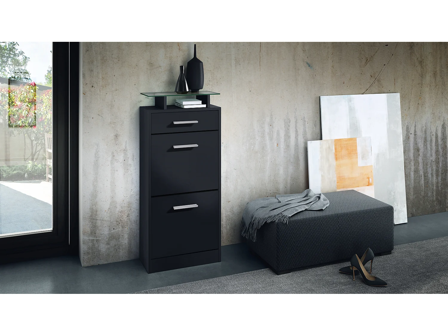 Meuble chaussure Loret V2, Étagère à chaussures pour 8 paires de chaussures avec 2 clapets, 1 tiroir, Noir mat/Noir mat (46 x 104 x 23 cm)