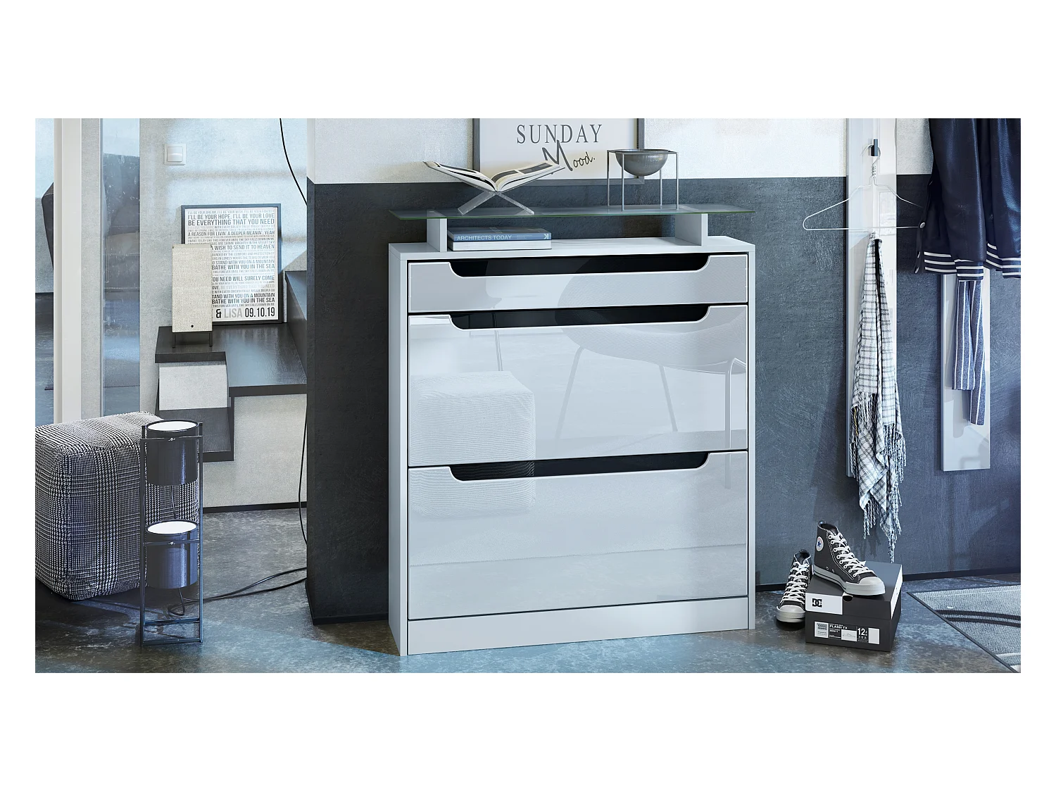 SCHUHSCHRANK Fiesta Weiß Hochglanz / Schwarz Hochglanz