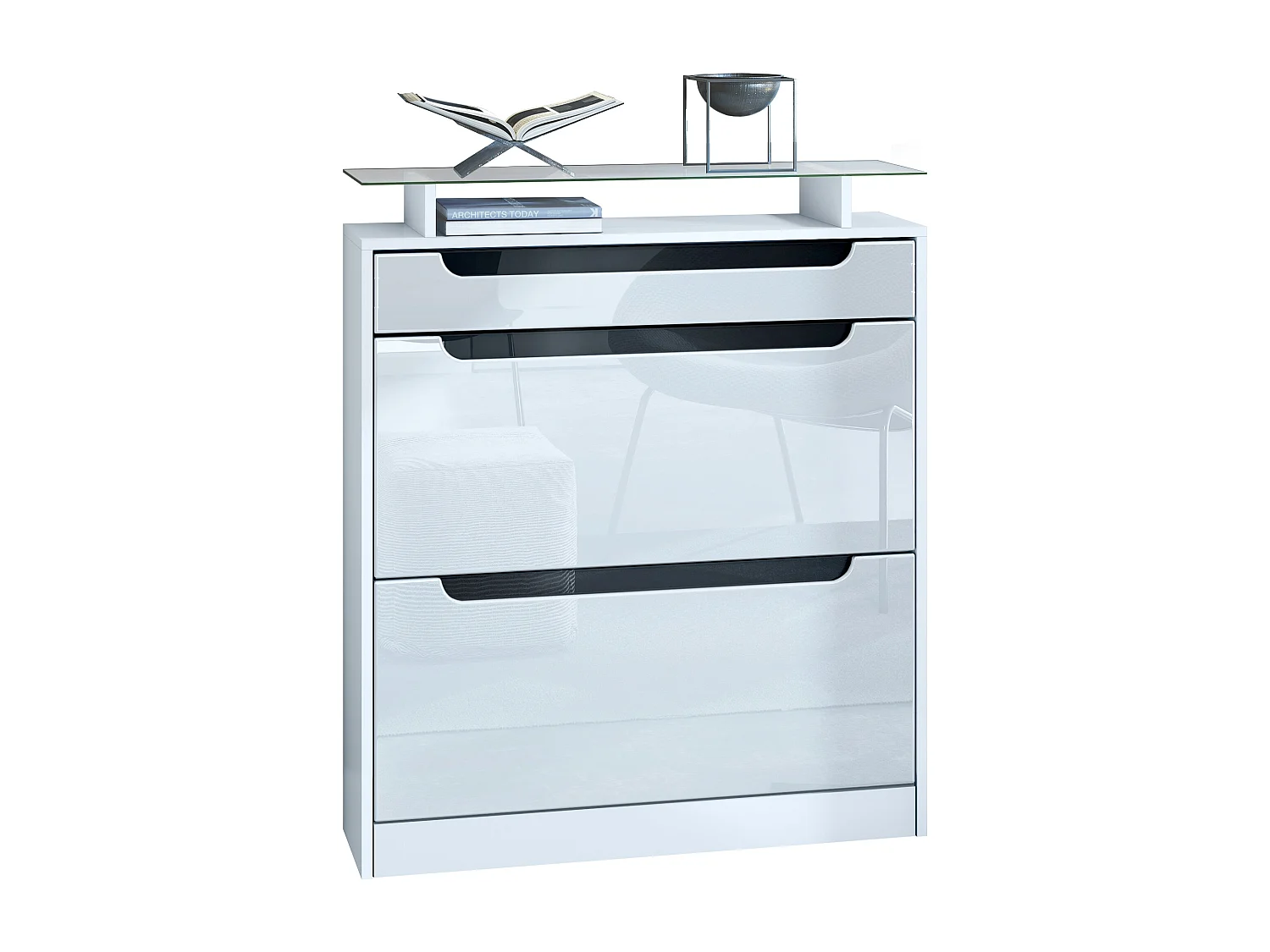 Vladon Scarpiera Fiesta, bianco opaco/bianco lucido/nero lucido - ribaltabile per 16 paia di scarpe (89 x 104 x 23 cm)