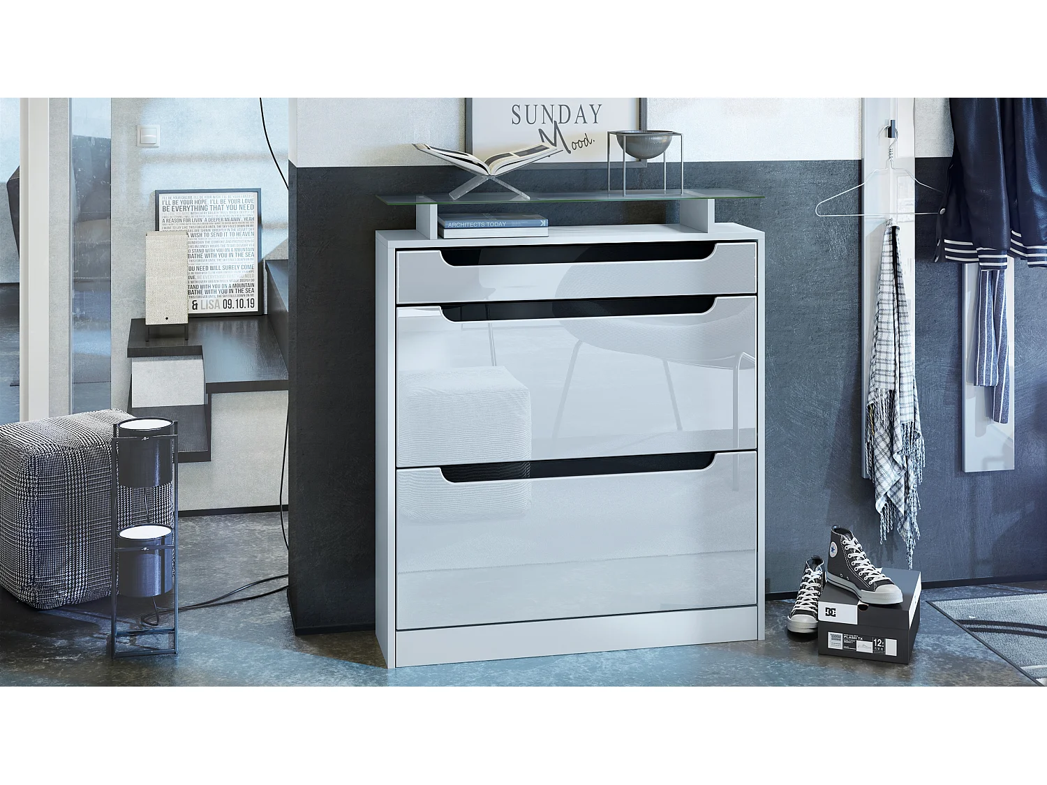 Vladon Scarpiera Fiesta, bianco opaco/bianco lucido/nero lucido - ribaltabile per 16 paia di scarpe (89 x 104 x 23 cm)