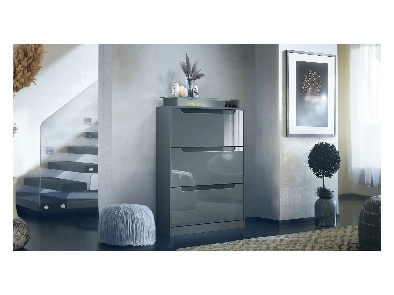Scarpiera Space, portascarpe per 24 paia con 3 ribalte e ripiano in vetro, antracite opaco/grigio lucido (89 x 128 x 23 cm)