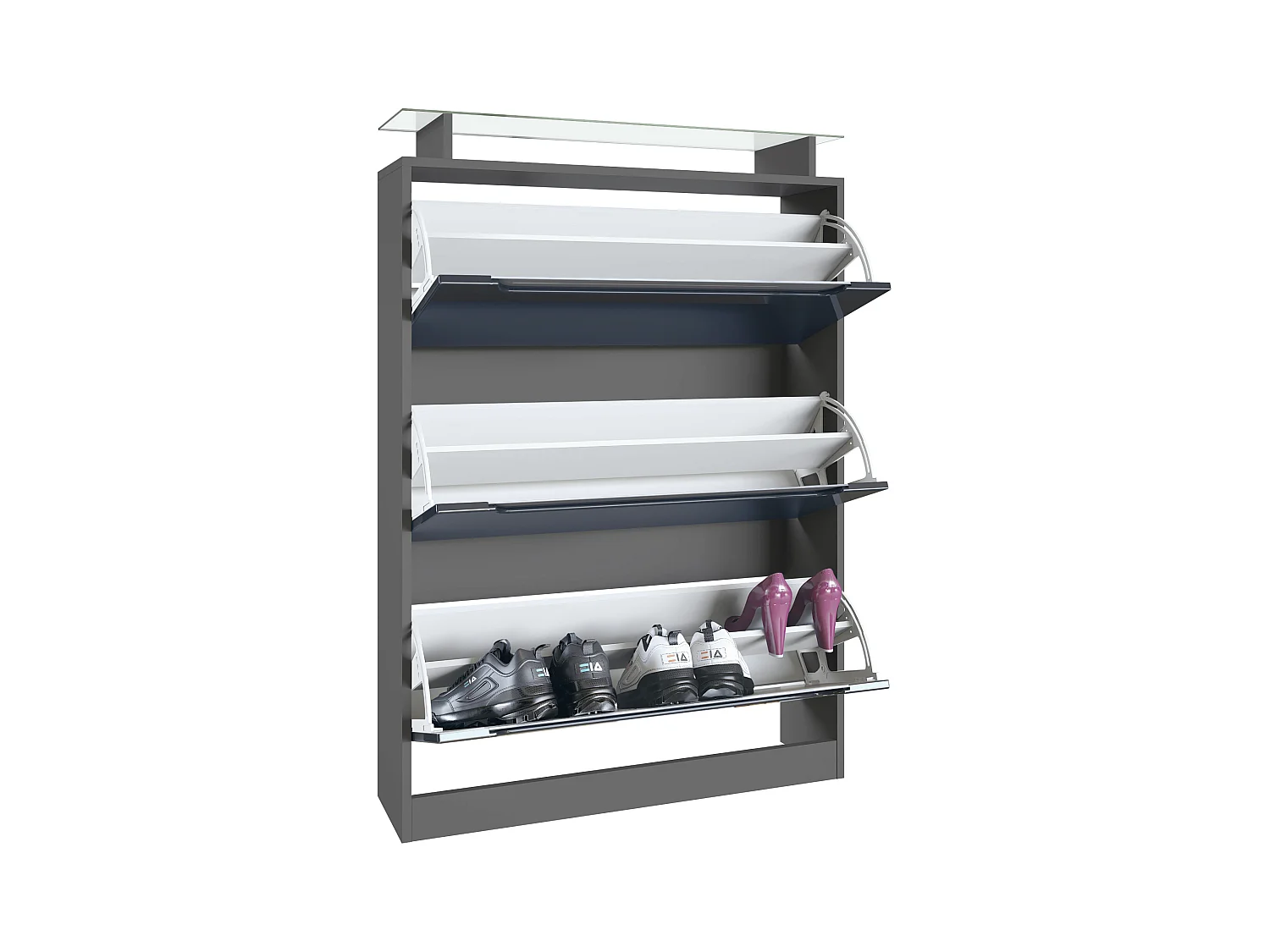 Scarpiera Space, portascarpe per 24 paia con 3 ribalte e ripiano in vetro, antracite opaco/grigio lucido (89 x 128 x 23 cm)