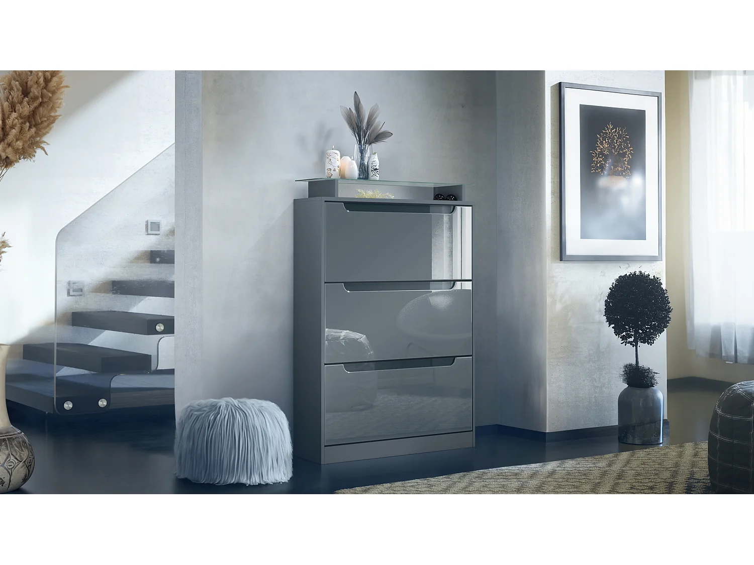 Scarpiera Space, portascarpe per 24 paia con 3 ribalte e ripiano in vetro, antracite opaco/grigio lucido (89 x 128 x 23 cm)
