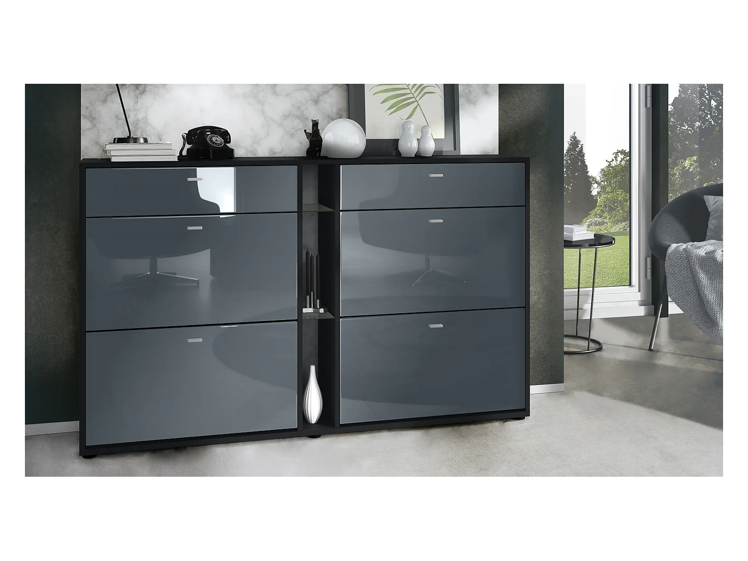 Meuble à chaussures à bascule Today 155,5 x 95 x 28 cm, corps en Noir mat, façades en gris haute brillance