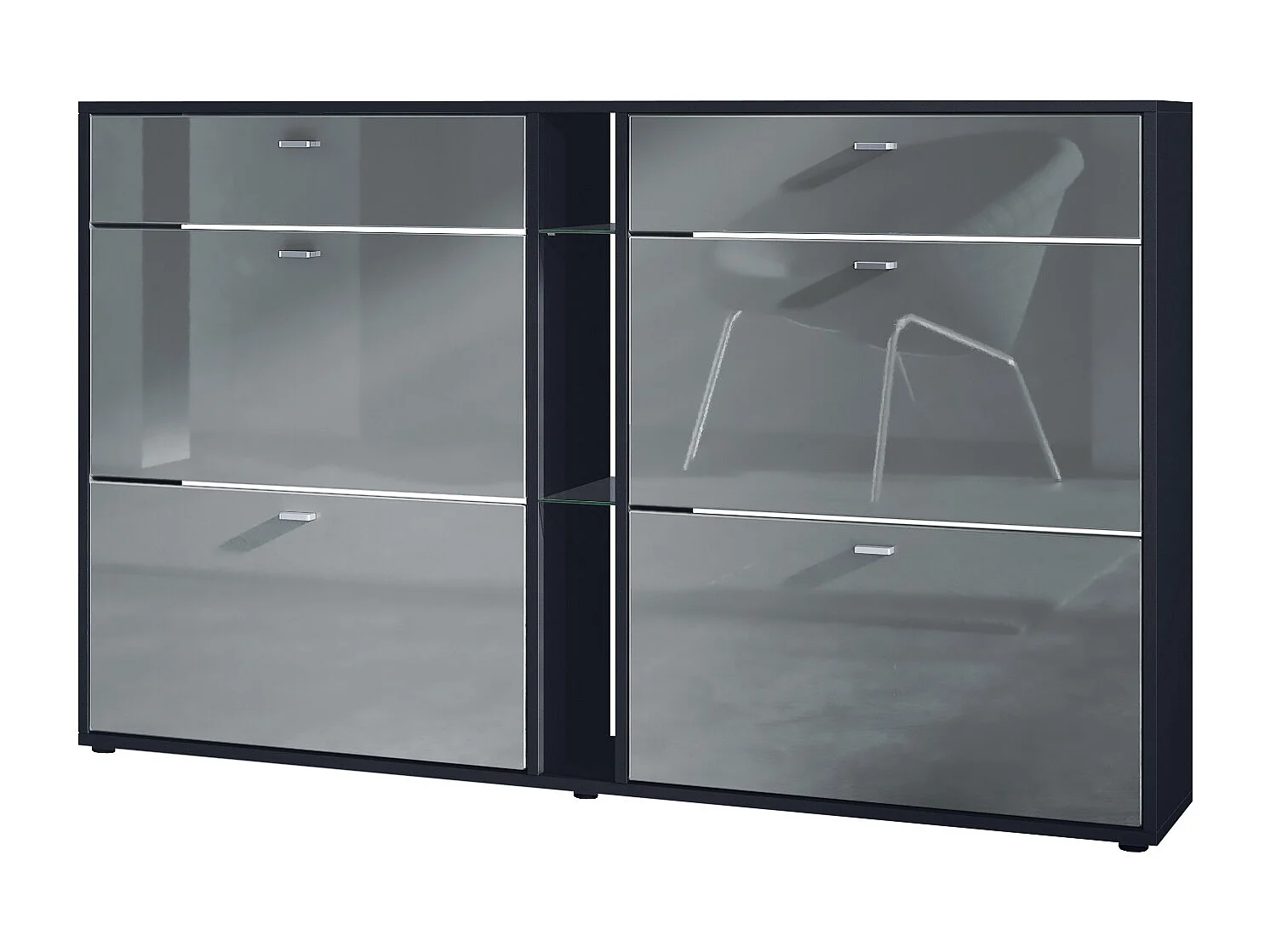 Scarpiera Today con 4 ante e 2 cassetti 155,5 x 95 x 28 cm, struttura in nero opaco, frontali in grigio lucido