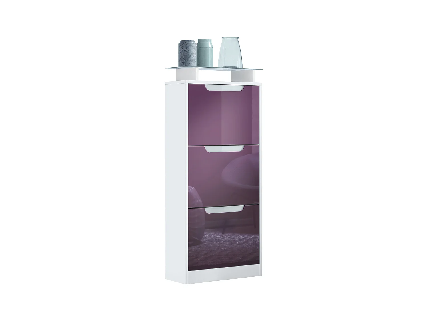 Meuble à chaussures Space V2, Range-chaussures pour 12 paires de chaussures avec 3 abattants et étagère en verre, blanc mat/mûre brillant (46 x 128 x 23 cm)