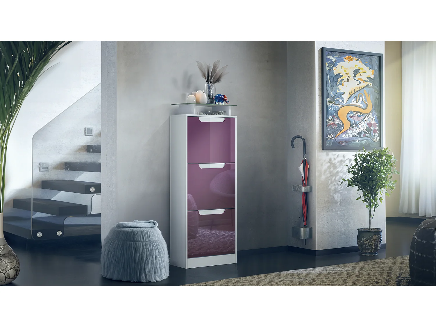 Vladon Scarpiera Space V2, Scarpiera per 12 paia di scarpe con 3 ribalte e ripiano in vetro, bianco opaco/violetto porpora lucido (46 x 128 x 23 cm)