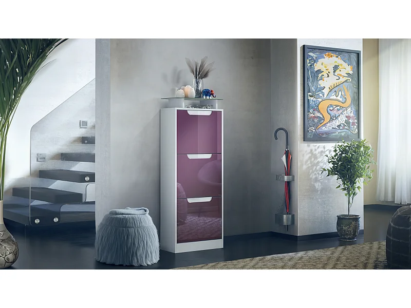 Vladon Scarpiera Space V2, Scarpiera per 12 paia di scarpe con 3 ribalte e ripiano in vetro, bianco opaco/violetto porpora lucido (46 x 128 x 23 cm)