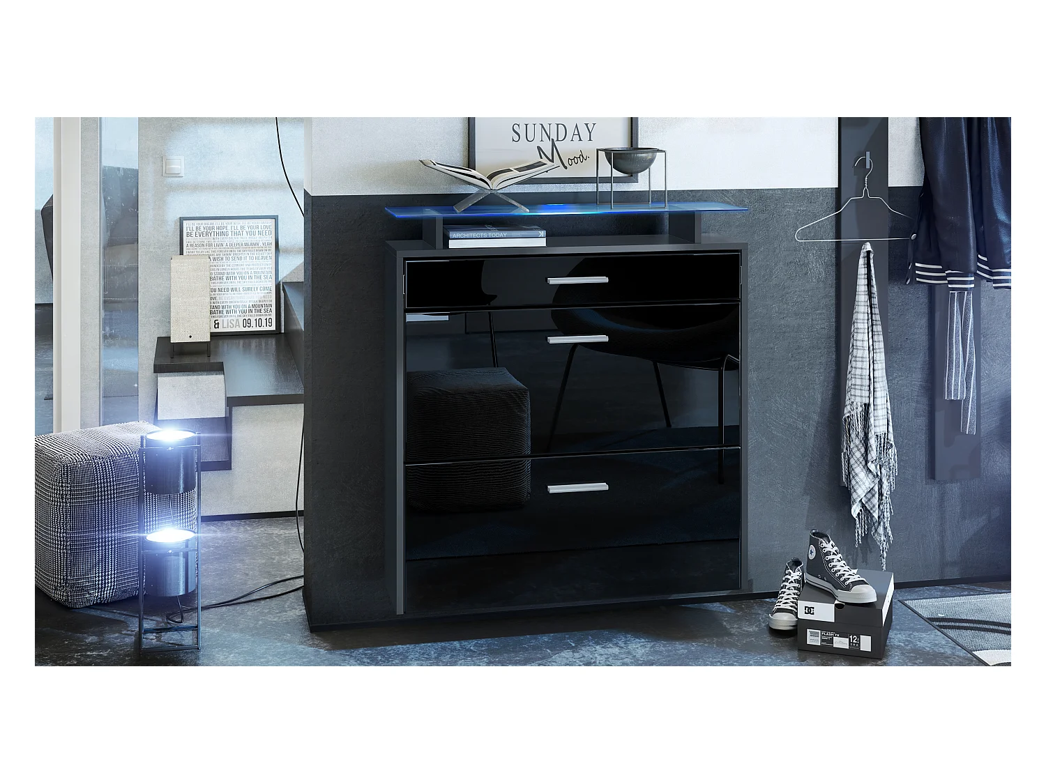 Armoire à chaussures Malea de , anthracite mat/noir brillant y compris LED - basculeur à chaussures suspendu pour 16 paires de chaussures (89 x 96 x 23 cm)