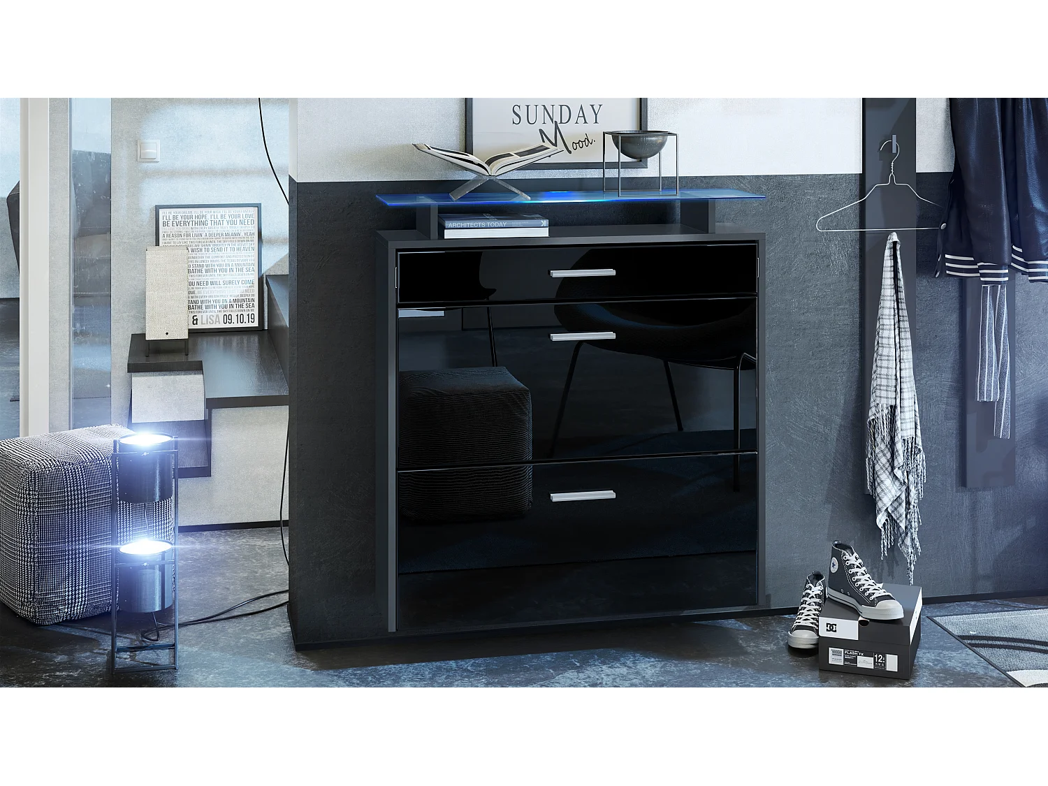 Scarpiera Vladon Malea, antracite opaco /nero lucido incl. LED - carrello appeso per 16 paia di scarpe (89 x 96 x 23 cm)