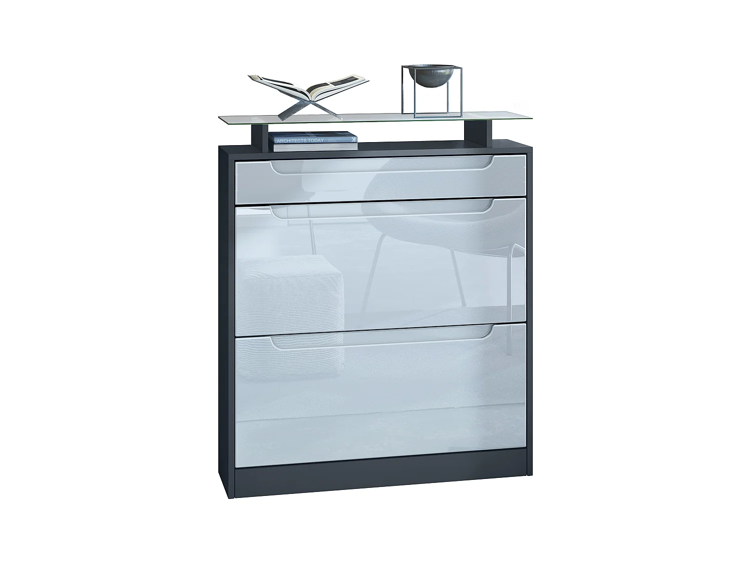 Meuble chaussure Fiesta pour 16 paires de chaussures avec clapets et tablette en verre, Anthracite mat/Blanc brillant, poignées Blanc brillant (89x104x23 cm)