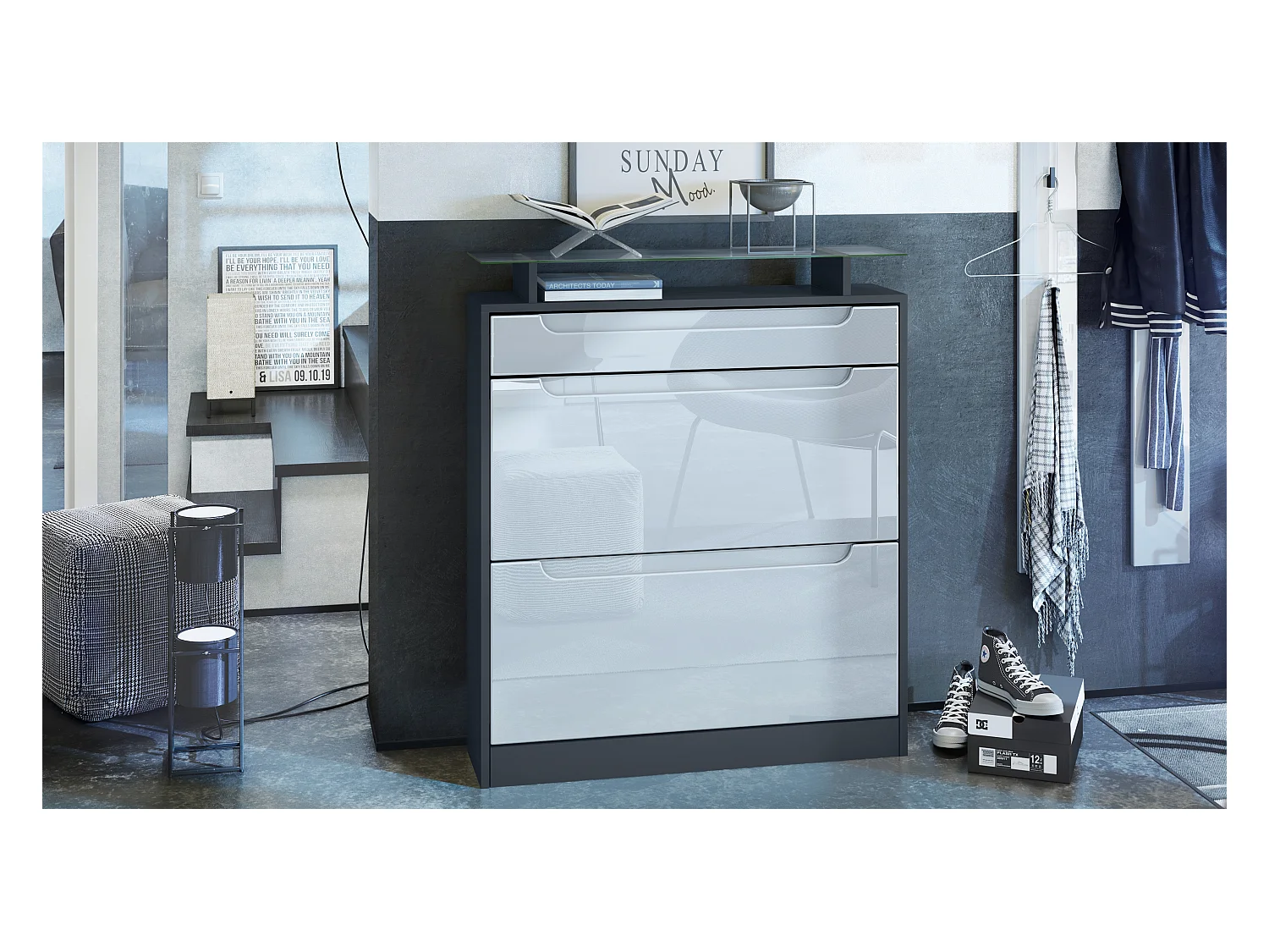 Meuble chaussure Fiesta pour 16 paires de chaussures avec clapets et tablette en verre, Anthracite mat/Blanc brillant, poignées Blanc brillant (89x104x23 cm)