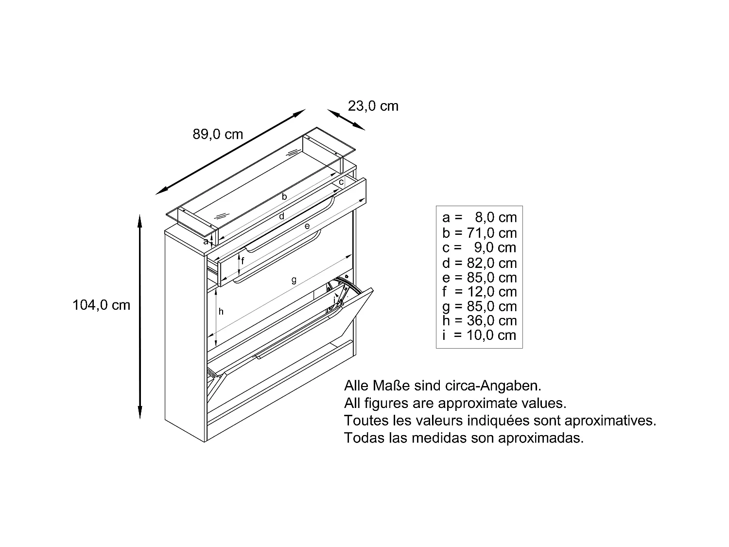 Meuble chaussure Fiesta pour 16 paires de chaussures avec clapets et tablette en verre, Anthracite mat/Blanc brillant, poignées Blanc brillant (89x104x23 cm)