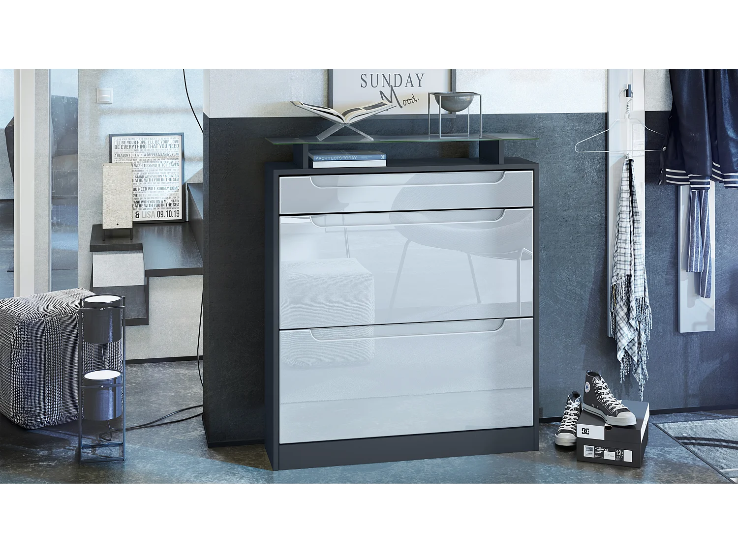 Scarpiera  Fiesta per 16 paia di scarpe con 2 ante a ribalta e ripiano in vetro, antracite/bianco lucido, maniglie incassate in bianco lucido (89 x 104 x 23 cm)