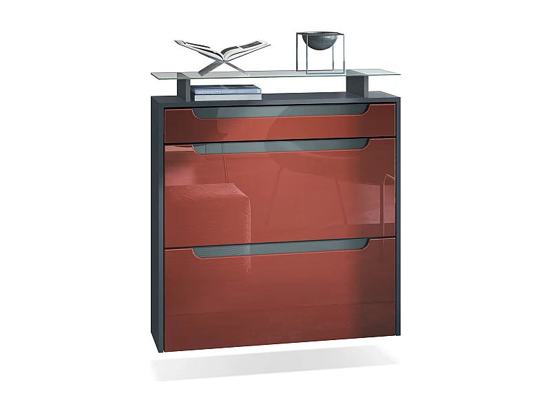 Meuble chaussures Annie pour 16 paires de chaussures avec clapets et tablette en verre, Anthracite mat/Bordeaux brillant, poignées Gris brillant (89x96x23 cm)