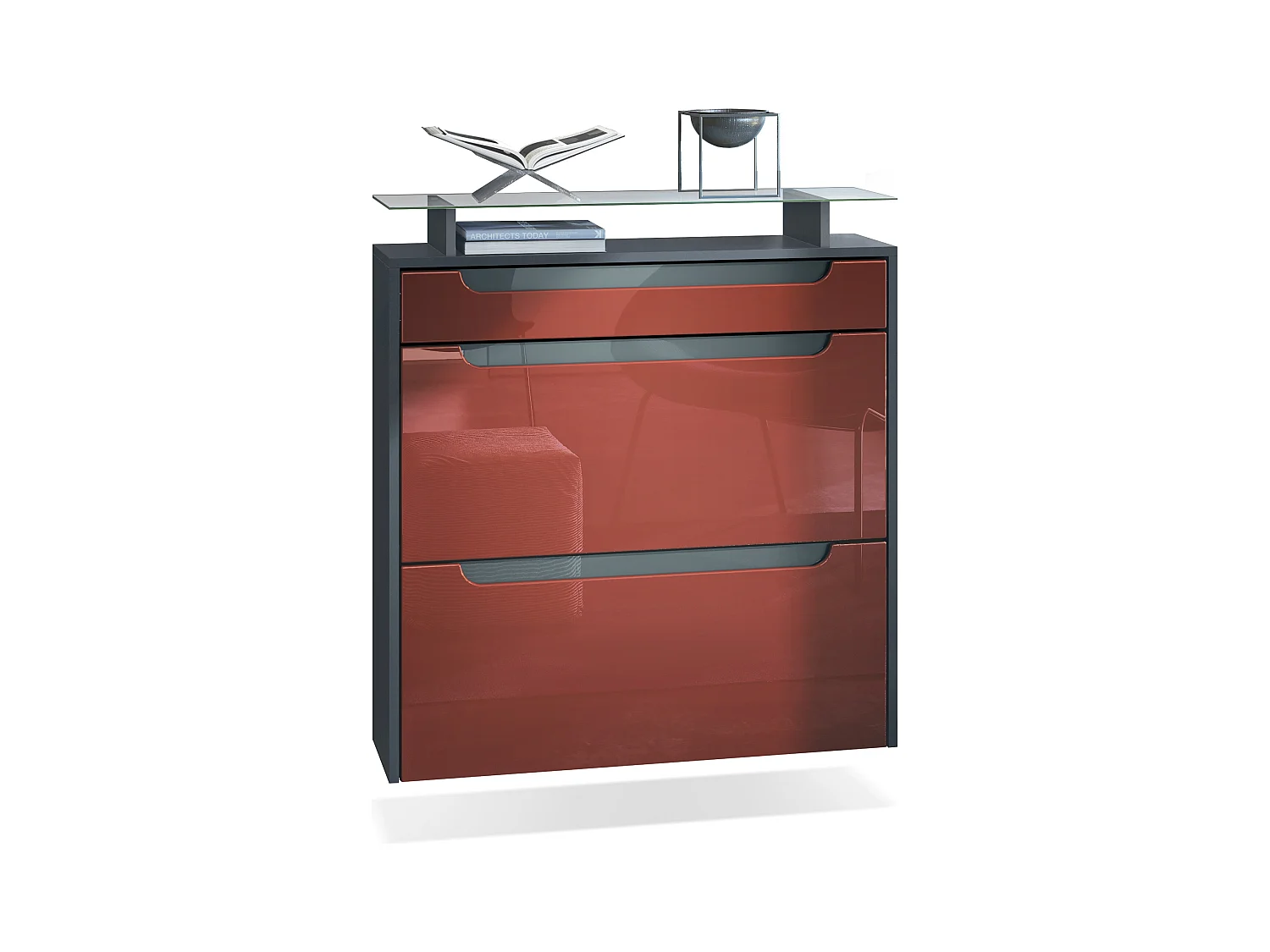 Meuble chaussures Annie pour 16 paires de chaussures avec clapets et tablette en verre, Anthracite mat/Bordeaux brillant, poignées Gris brillant (89x96x23 cm)