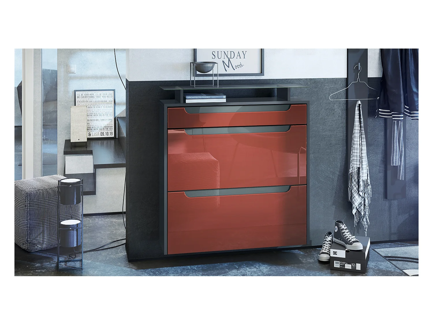 Meuble chaussures Annie pour 16 paires de chaussures avec clapets et tablette en verre, Anthracite mat/Bordeaux brillant, poignées Gris brillant (89x96x23 cm)