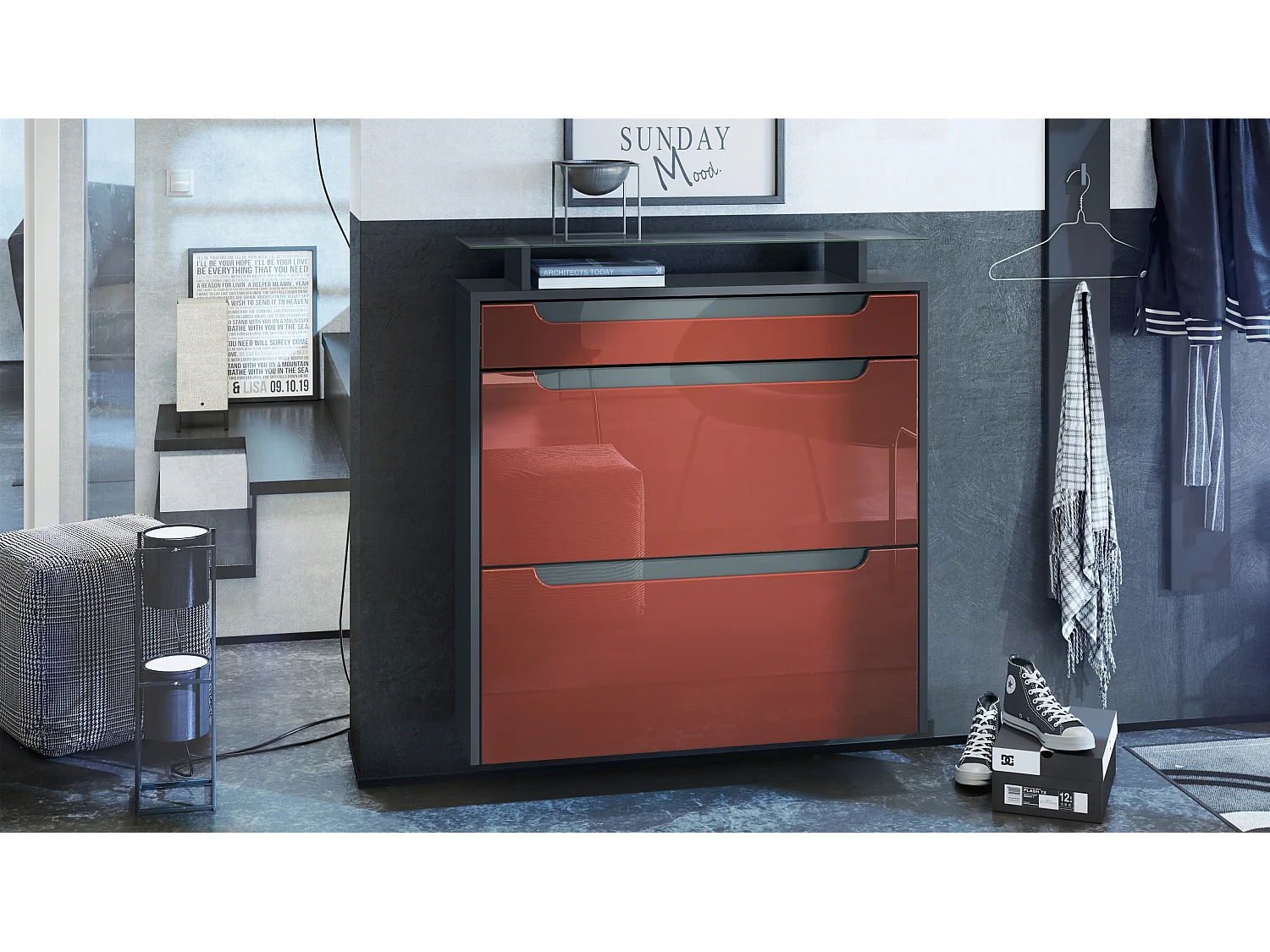 Scarpiera  Annie per 16 paia di scarpe con 2 ante a ribalta e ripiano in vetro, antracite/lucido bordeaux, maniglie incassate in grigio lucido (89 x 96 x 23 cm)