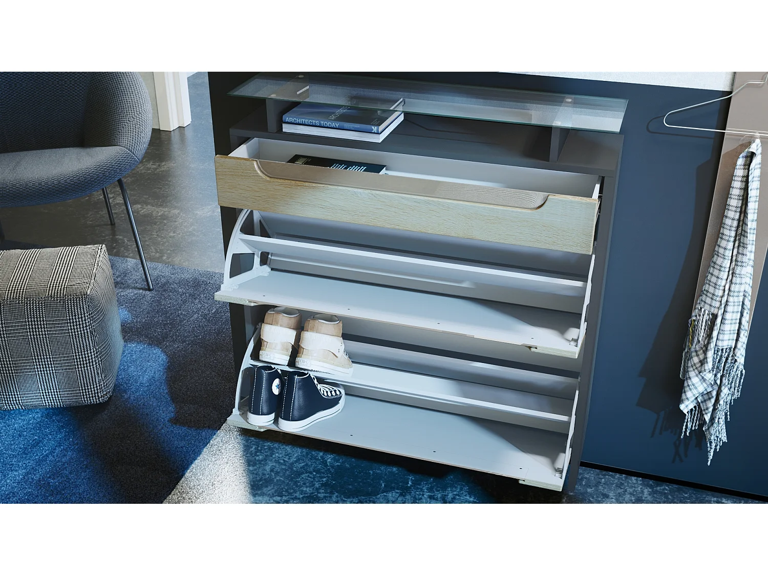 Scarpiera  Annie per 16 paia di scarpe con 2 ante a ribalta e ripiano in vetro, antracite/lucido bordeaux, maniglie incassate in grigio lucido (89 x 96 x 23 cm)