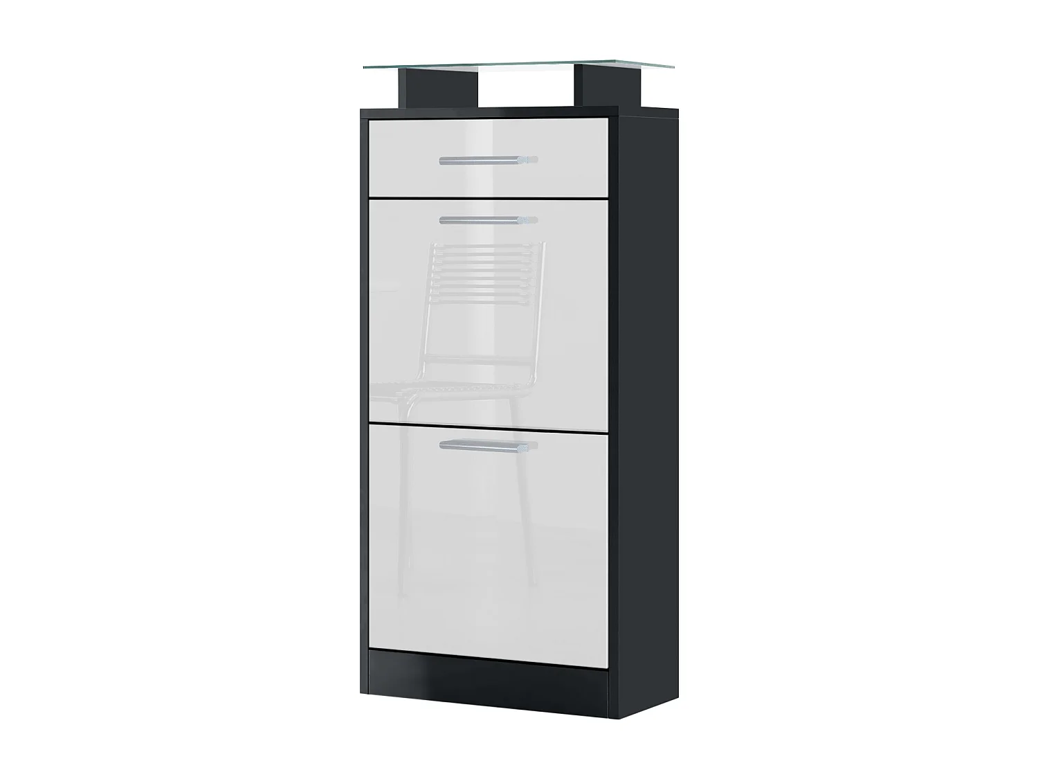 Meuble chaussure Loret V2, Étagère à chaussures pour 8 paires de chaussures avec 2 clapets, 1 tiroir, Noir mat/Blanc brillant (46 x 104 x 23 cm)