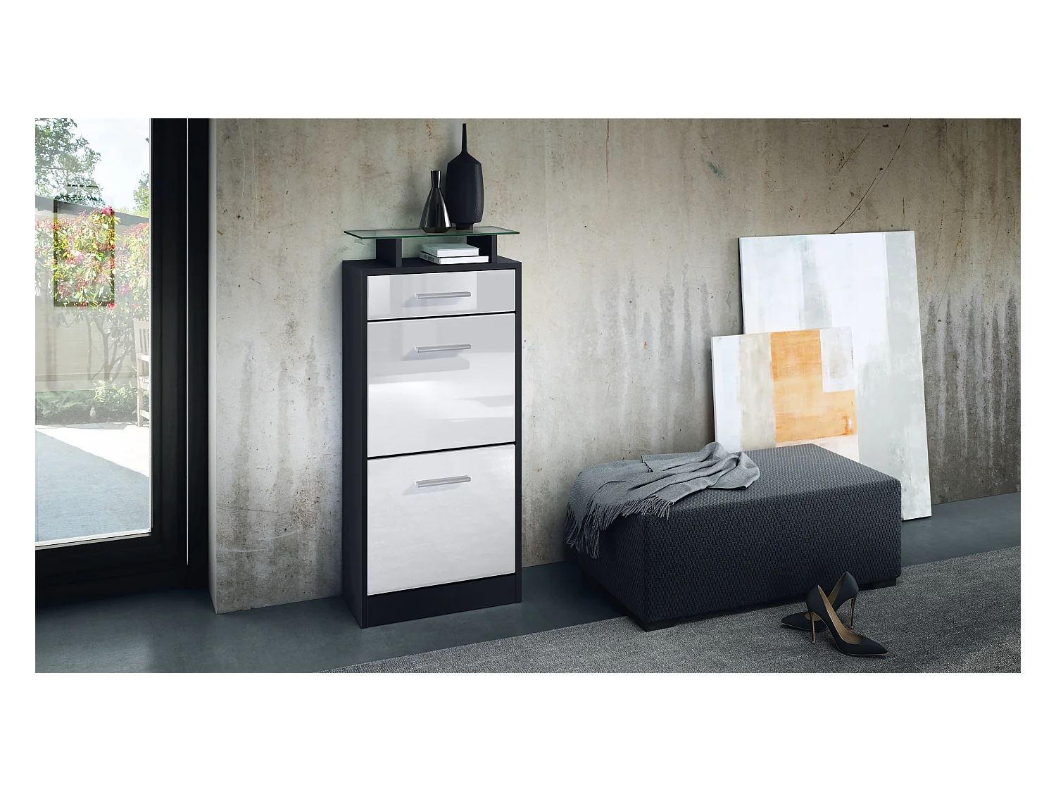 Meuble chaussure Loret V2, Étagère à chaussures pour 8 paires de chaussures avec 2 clapets, 1 tiroir, Noir mat/Blanc brillant (46 x 104 x 23 cm)