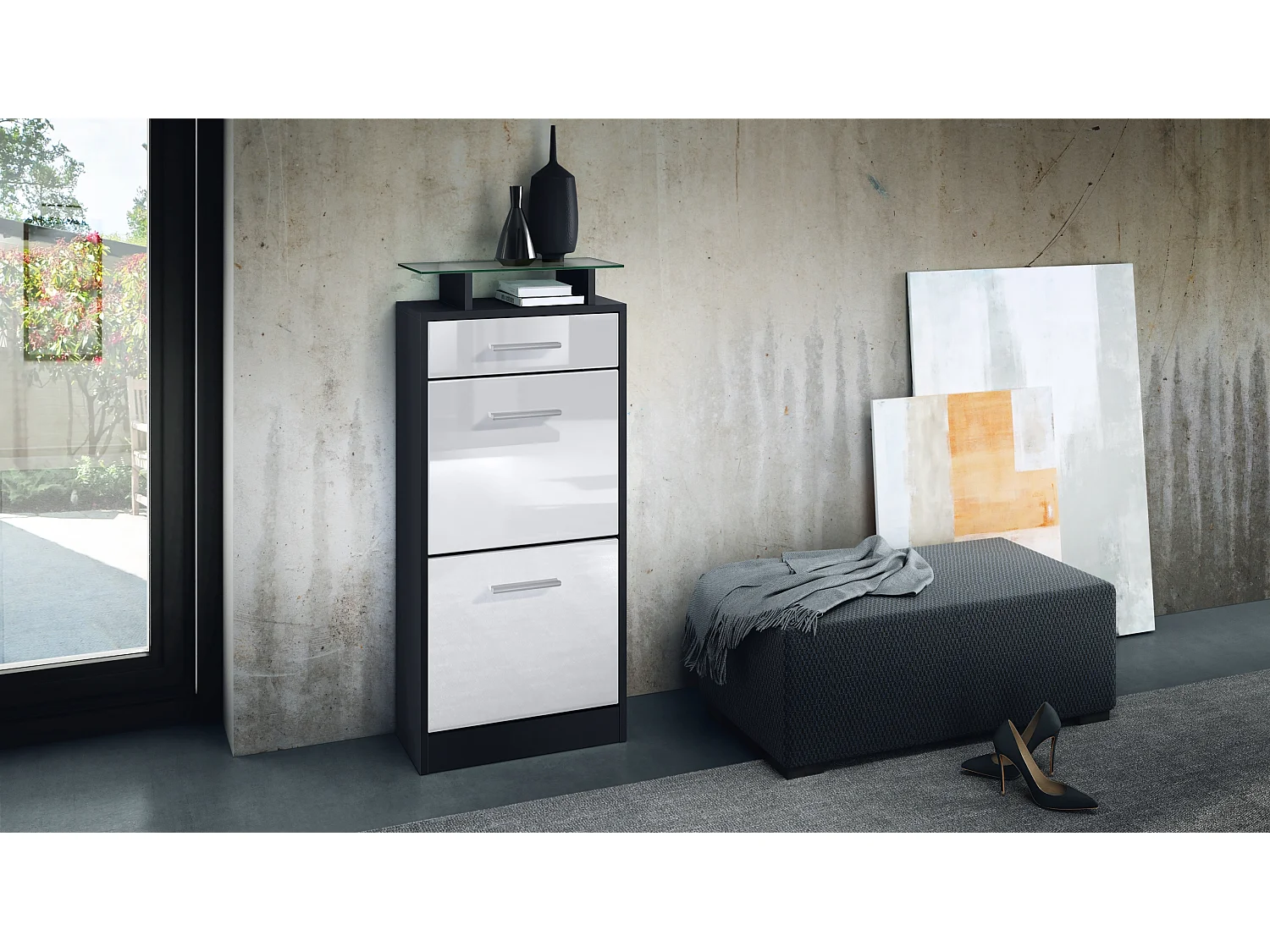 Meuble chaussure Loret V2, Étagère à chaussures pour 8 paires de chaussures avec 2 clapets, 1 tiroir, Noir mat/Blanc brillant (46 x 104 x 23 cm)