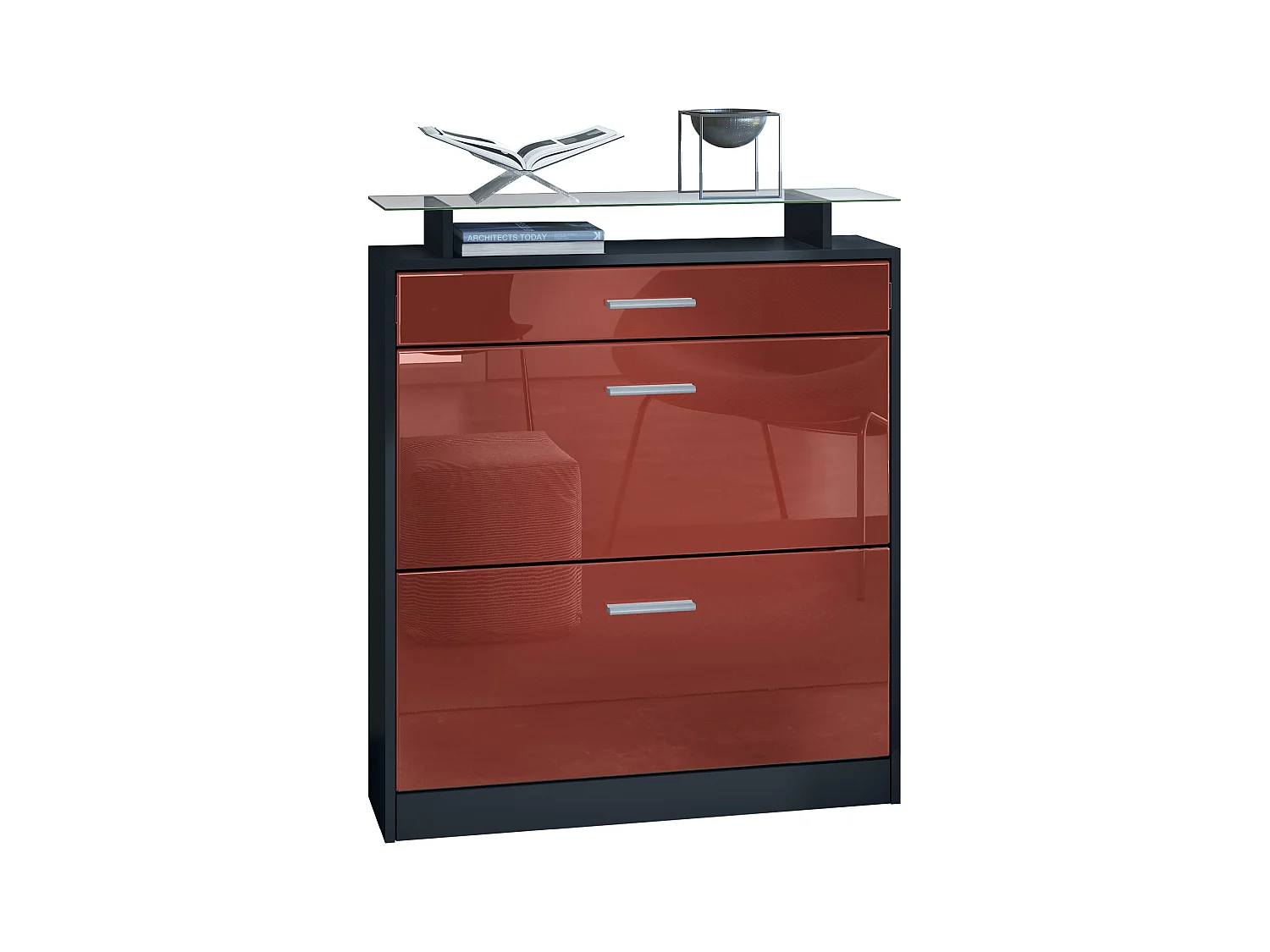 Meuble chaussure Loret, Étagère à chaussures pour 16 paires de chaussures avec 2 clapets à bascule, 1 tiroir, Noir mat/Bordeaux brillant (89 x 104 x 23 cm)