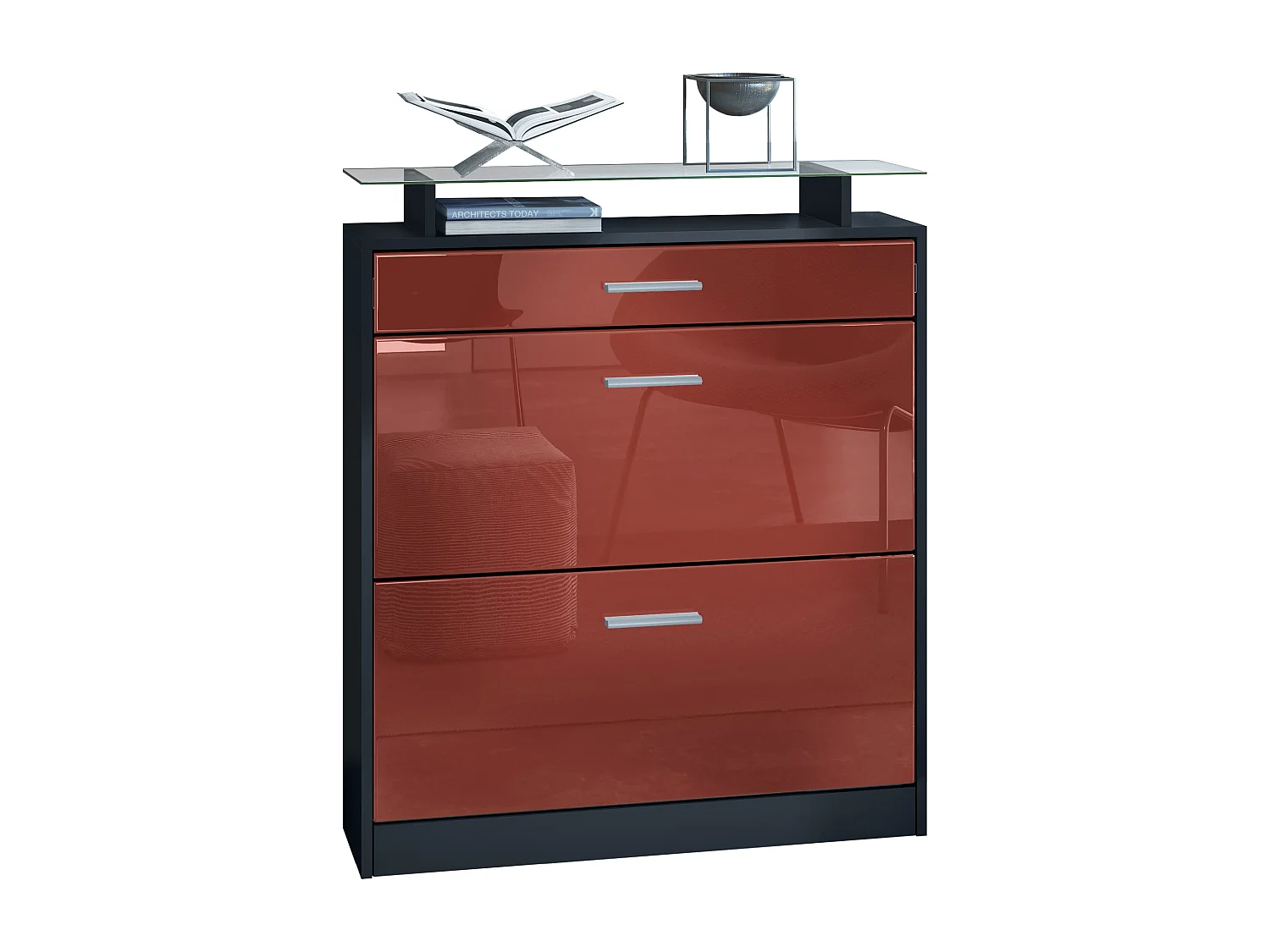 Scarpiera  Loret, mobile per 16 paia di scarpe con 2 ante a ribalta, 1 cassetto e ripiano in vetro, nero opaco/bordeaux lucido (89 x 104 x 23 cm)