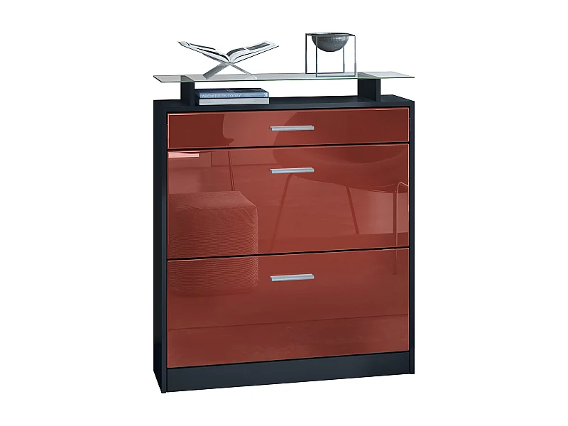 Scarpiera  Loret, mobile per 16 paia di scarpe con 2 ante a ribalta, 1 cassetto e ripiano in vetro, nero opaco/bordeaux lucido (89 x 104 x 23 cm)