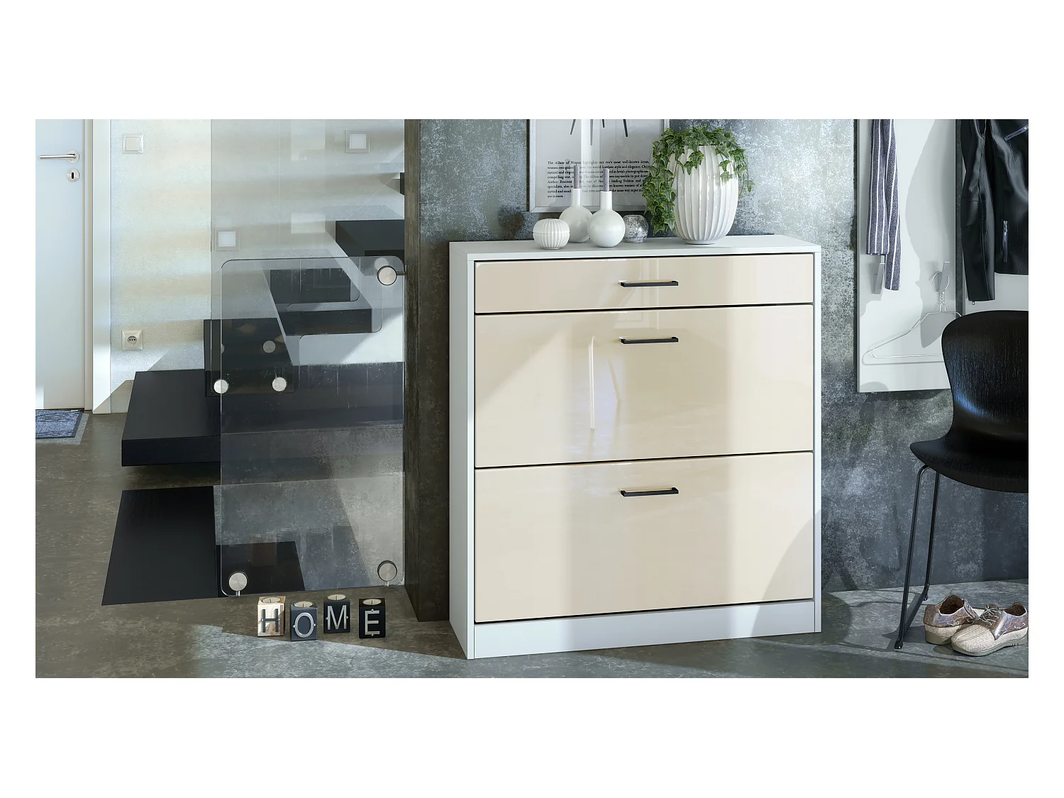 Armoire à chaussures inclinable Elvas 89 x 95,5 x 27 cm, caisson en blanc mat, façade en Crème laqué haute brillance