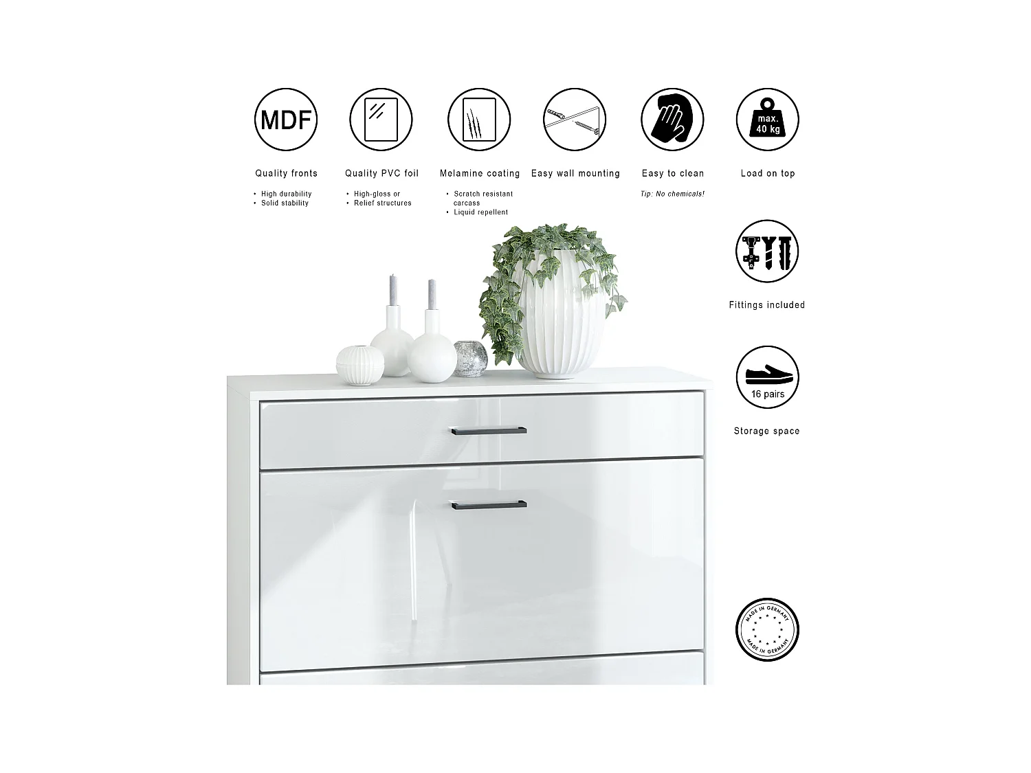 Armoire à chaussures inclinable Elvas 89 x 95,5 x 27 cm, caisson en blanc mat, façade en Crème laqué haute brillance