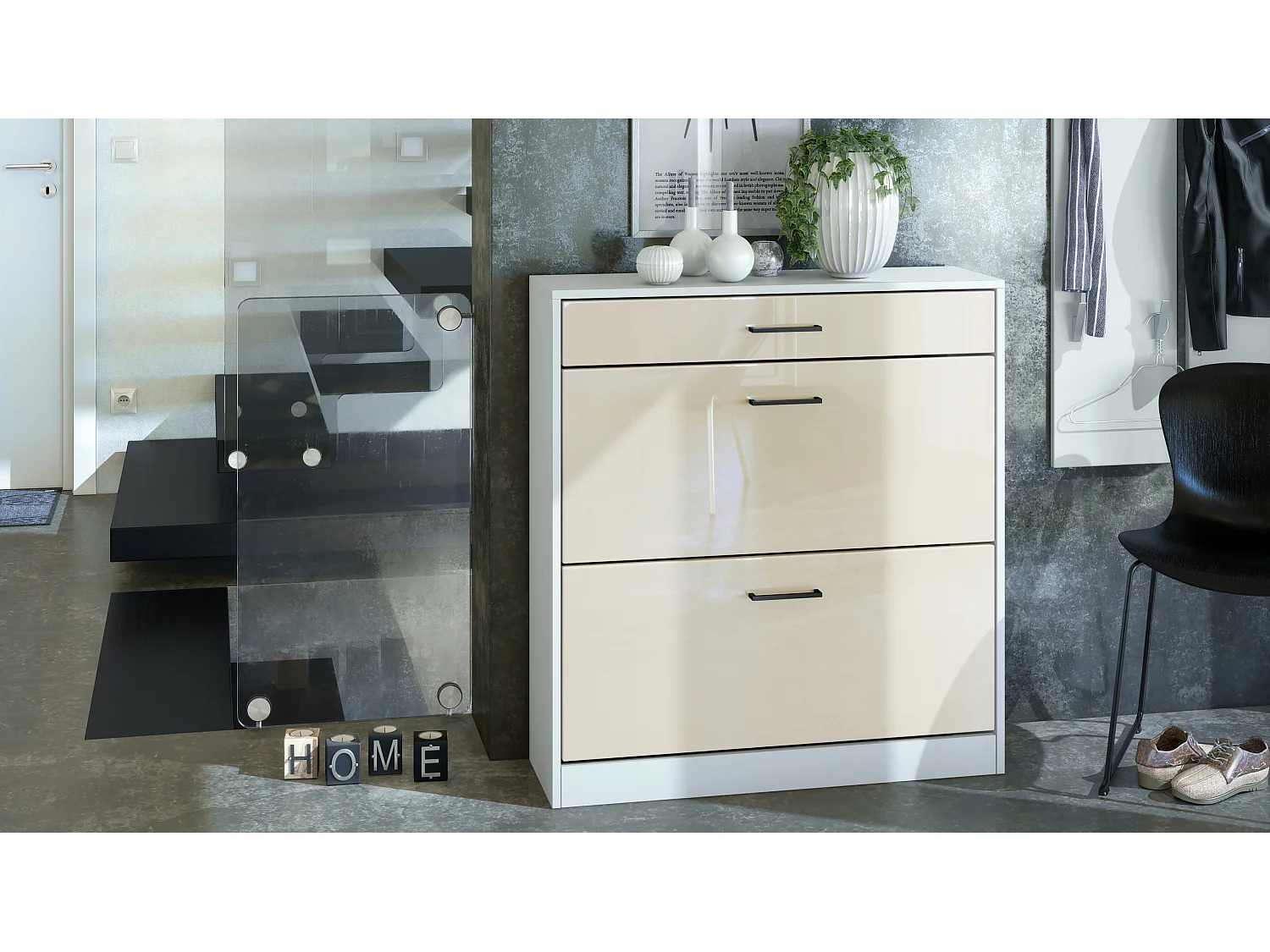 Mobiletto scarpiera Elvas 89 x 95,5 x 27 cm, Struttura in bianco opaco, frontale in beige lucido | Molteplici opzioni di colore