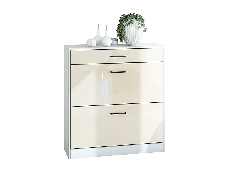 Zapatero Elvas 89 x 95.5 x 27 cm, cuerpo en blanco mate, frente en crema de alto brillo