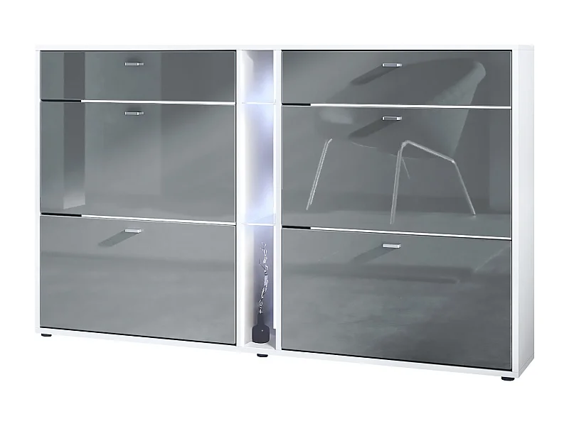 Scarpiera Today con 4 ante e 2 cassetti 155,5 x 95 x 28 cm, con illuminazione LED bianca, struttura in bianco opaco, frontali in grigio lucido