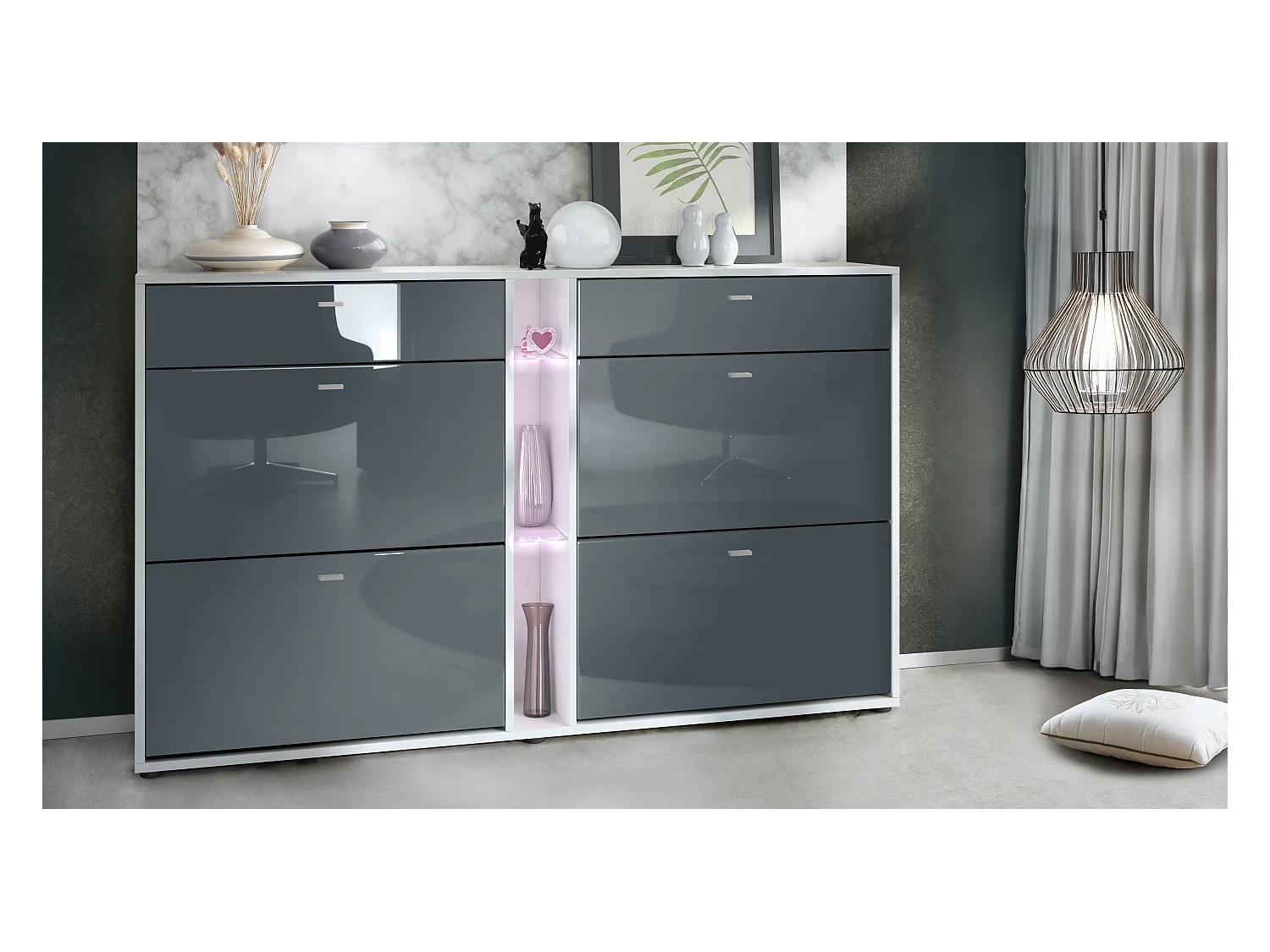 Meuble à chaussures à bascule Today 155,5 x 95 x 28 cm, avec un éclairage LED blanc, corps en Blanc mat, façades en gris haute brillance