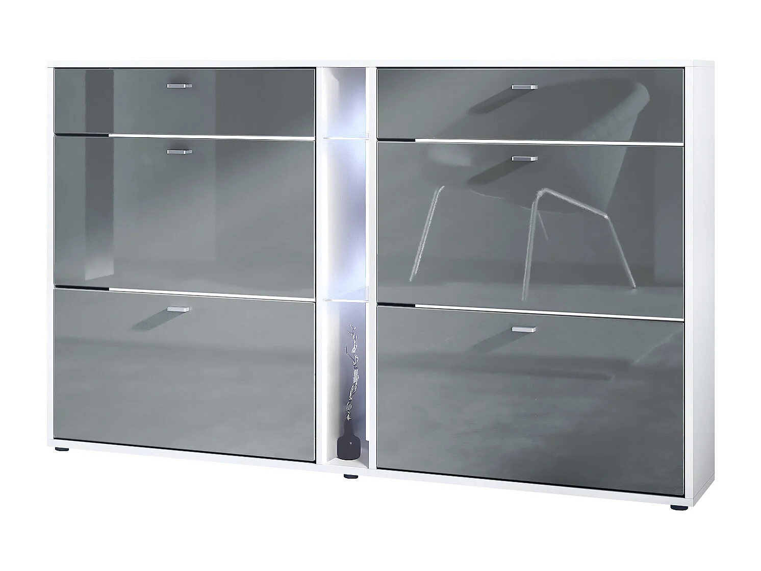 Scarpiera Today con 4 ante e 2 cassetti 155,5 x 95 x 28 cm, con illuminazione LED bianca, struttura in bianco opaco, frontali in grigio lucido