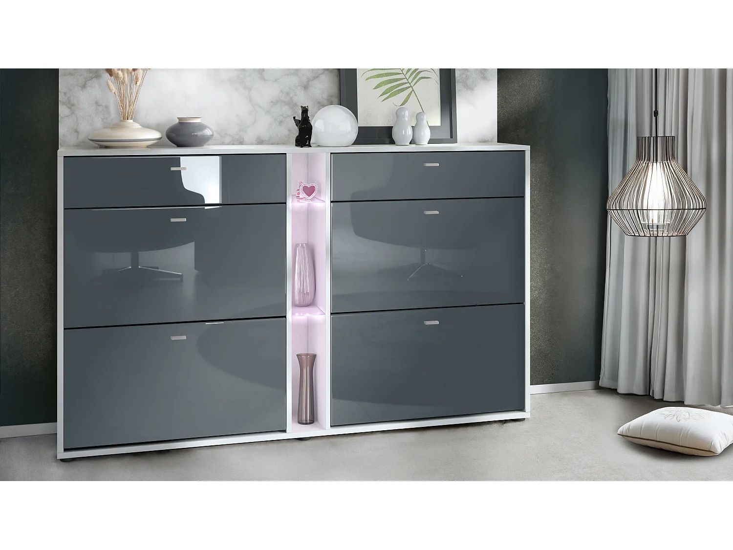 Scarpiera Today con 4 ante e 2 cassetti 155,5 x 95 x 28 cm, con illuminazione LED bianca, struttura in bianco opaco, frontali in grigio lucido