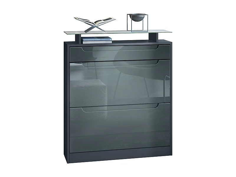 Scarpiera  Fiesta per 16 paia di scarpe con 2 ante a ribalta e ripiano in vetro, antracite/ grigio lucido, maniglie incassate in grigio lucido (89 x 104 x 23 cm)